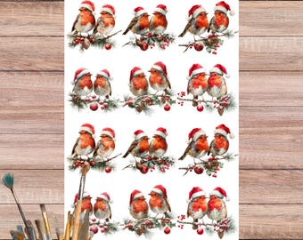 Red Robins Rice Paper for Decoupage - Two Robins in Santa Hats on Snowy Pine Branch, Berries & Pinecones, Festive Winter Craft Paper, 5135