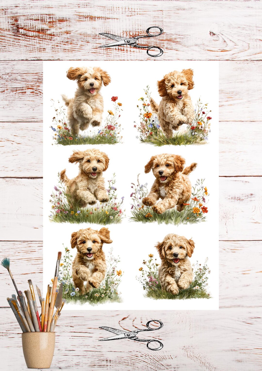 Cockapoo Puppy Rice Paper for Decoupage, Floral Meadow Dog Craft Sheet ...