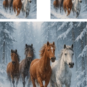 疾走する馬のライスペーパー、ヴィンテージの馬のイラスト、雪の中の野生の馬のクラフトペーパー、馬のデコパージュペーパー、No.4452