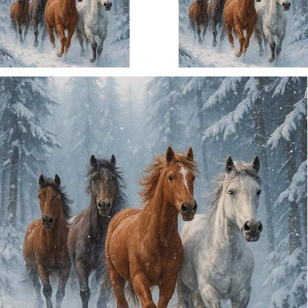 Galloping Horses Rice Paper: Winter Forest Illustration A4