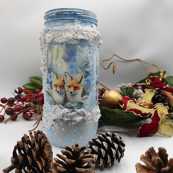Lanterne de renards de Noël bocal en verre, lampe LED, idée cadeau Noël, cadeau unique pour les amoureux des renards, article fait main, renards hivernaux, fait maison