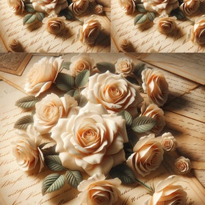 Cream Roses on Old Letters Papers - Decoupage Rice Paper Crafting Tissue Paper - Size A4 - Roses Collage New Collection
