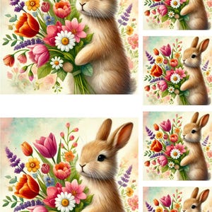 Conejo de papel de arroz A4 con flores de primavera, obra de arte de conejito caprichoso con ramo floral, conejito de acuarela pastel, decoración artesanal de Pascua, efímera