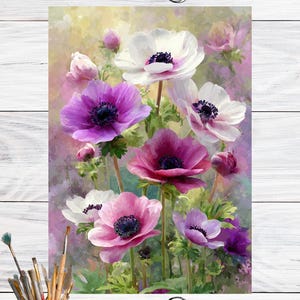 May include: A rectangular print featuring a vibrant floral painting of anemone flowers in shades of white, pink, purple, and magenta with dark centers. The artwork is displayed against a white wood background with scissors icons at the top and bottom.