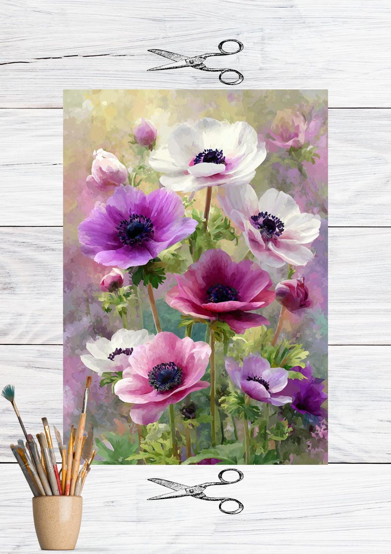 May include: A rectangular print featuring a vibrant floral painting of anemone flowers in shades of white, pink, purple, and magenta with dark centers. The artwork is displayed against a white wood background with scissors icons at the top and bottom.