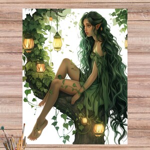 Elfo espíritu del bosque - papel de arroz de hadas, Elfo del bosque verde sentado en el árbol, Hermoso papel de decoupage de hadas, Elfo mágico del bosque n.° 4572