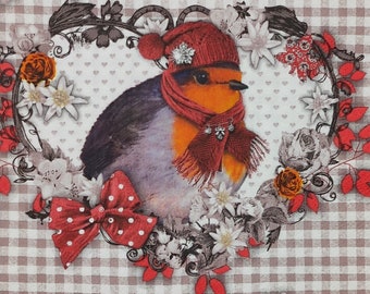 Robin in Wreath Paper Napkins: Winter Bird Decoupage, Collage (Set of 5)