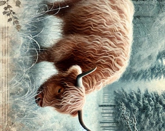Winter Highland Cow Rice Paper: Decoupage, Scrapbooking (A4)