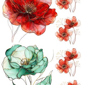 Papel de arroz A4 para decoupage, papel de acuarela con diseño floral, diseño abstracto de flores, papel floral pastel rojo y verde para manualidades, fabricación de tarjetas