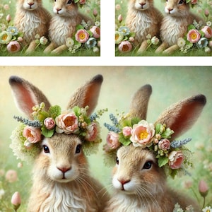 Reispapier für Decoupage, Vintage Hasen mit Blumenkränzen, Vintage Kaninchenpärchen mit Blumenkränzen, Kraftpapier, No 4252