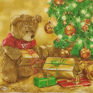 Sólo 1 servilleta de papel única única para decoupage Craft Collage Journal Crafting Ephemera Decopatch Art, Teddy Bear Unpacking Christmas Presen