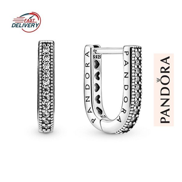 Pandora Sterling Silver U-shaped Hoop Earrings, Sparkling Earrings, Women Earrings, Cubic Zirconia Earrings, Everyday Earrings, S925 ALE UK