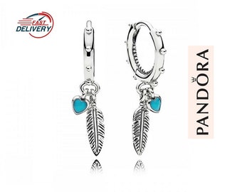 Pandora Feather With Turquoise Hearts Hoop Earrings, Sterling Silver Drop Earrings, Unique Earrings, Silver Women Jewellery, Gift For Her UK