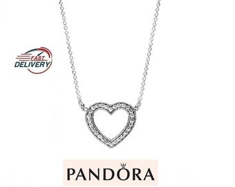 Pandora Sparkling Open Heart Necklace Shine Bright with Hand-Finished Collier Necklace Women Silver Jewelry Must-Have Unique Jewelry