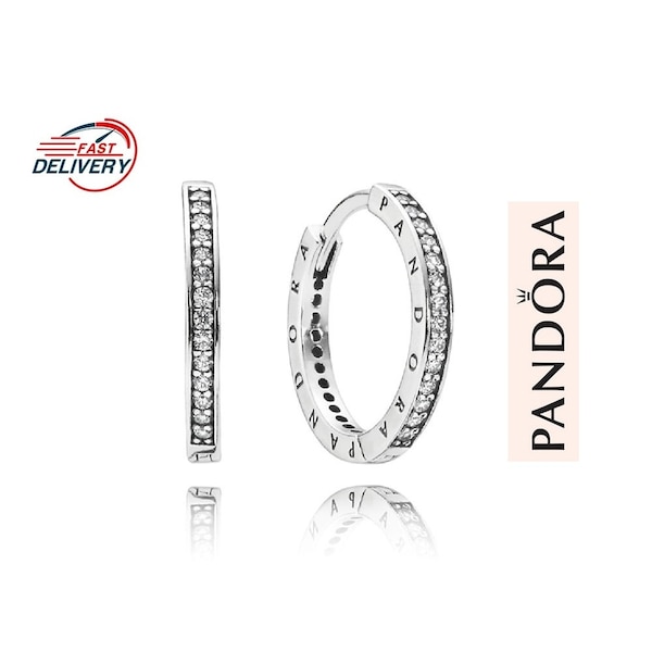 Sparkle & Pandora Logo Hoop Earrings, Clear Cubic Zirconia Earrings, Sterling Silver Everyday Jewellery, Unique Jewellery, S925 ALE, Gift UK