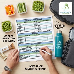 May include: A meal prep setup with a meal matrix, water bottle, and lunch bag. The image includes containers of vegetables, protein bars, and a watch. Text on the page reads "Shift-Worker Packable Meal Matrix" and "Designed for 12 & 24 HR Shifts."