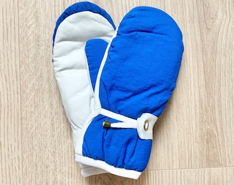 80’s/90’s Ski Gloves • Blue White Leather • Vintage Winter Gloves • 80’s Ski Gear •  Bright vintage ski mittens like new Sz 8 Medium Large