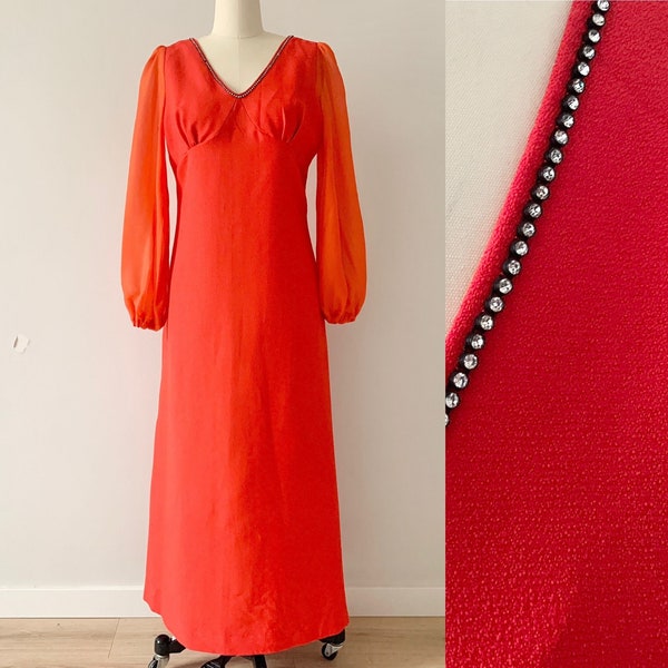 Bright red orange maxi dress organza sleeve evening gown rhinestone sparkly neckline  medium 70s party dress