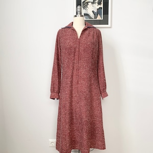 Vintage XL plus size 70s rust red brown knit speckled zipper front wide collared cotton rabbit fur volup day dress