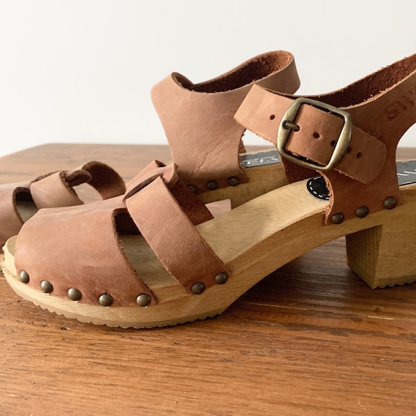 Wooden Swedish Sweeks Brown Cognac Genuine Leather Clogs Boho Hippie Chic Summer Sandals Womens Eco Friendly Shoes Sz 38 8