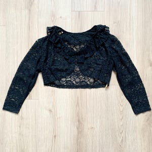 Vintage 60s black lace bolero top cropped shrug jacket with bow size small