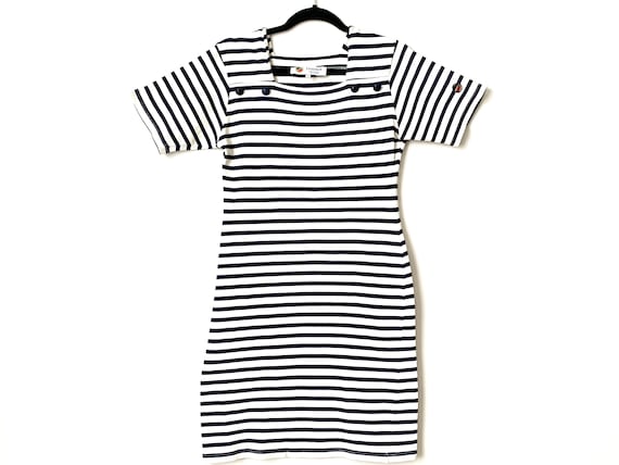 Busnel Vintage Striped Navy Knit Mini Dress Nautical Bodycon Short 