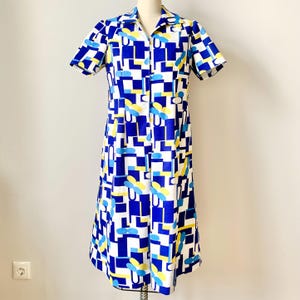 70er Jahre Geometric Print Midikleid: Blau & Gelber Retro Reißverschluß Vorne