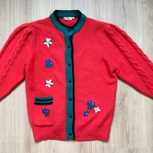 Cárdigan de punto de lana vintage: suéter con flores bordadas de los años 70, talla mediana para mujer