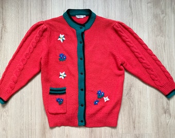 Red Wool Cozy Vintage Cardigan 70s 80s Braided Sleeve Jumper Grandma Knit Holiday Sweater Embroidered Flower Sz Womens Medium