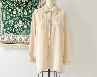Vintage Embroidered Blouse: 90s Beige Longline Top, UK Size 16