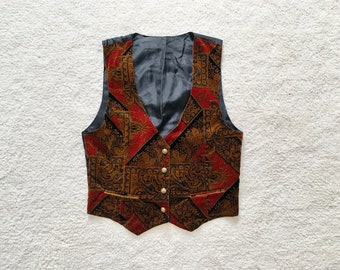 90s velvet brown and red velvet soft paisley royal metal button vest with pockets waistcoat sz medium