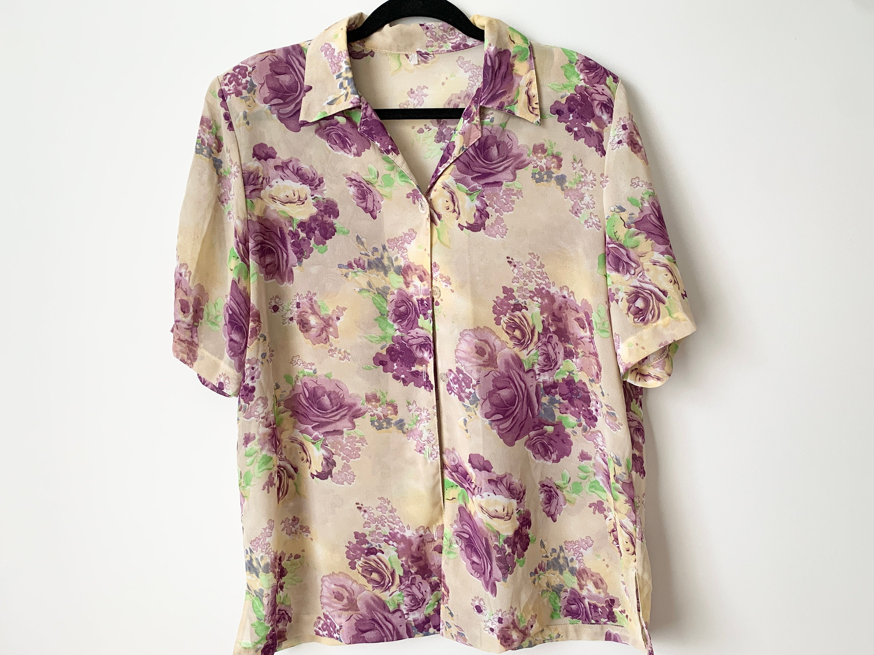 Vintage Floral Print Blouse: Sheer Beige Buttondown Top, Plus Size XL