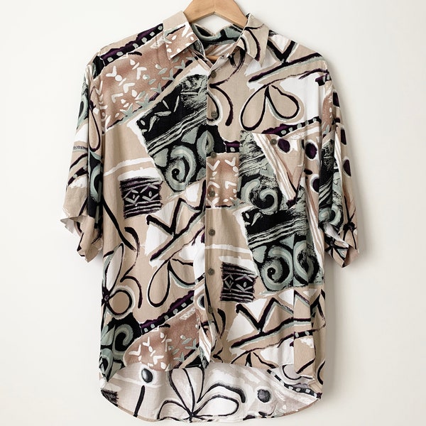 Vintage 90s Abstract Short Sleeve Summer Shirt Brown Mens Sz Medium Large Artsy 80s Geometric Print Rave Top
