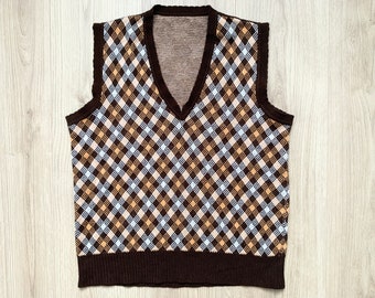 Vintage Knit Grandpa Vest 90s Y2K Argyle Diamond Pattern Brown Sweater Gilet V-neck Academia Unisex Women Sz Small