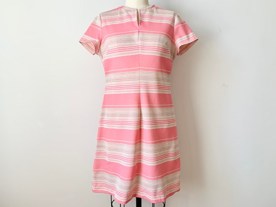 Vintage Pink 60s 70s Mod Dress Striped Silver Go-… - image 1