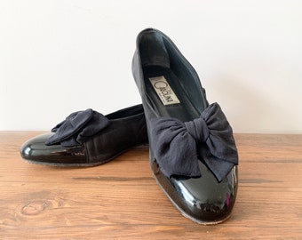 Vintage Ballet Flats Patent Striped Leather Silk Bow Donna Carolina Ballerina Shoes Sz 39