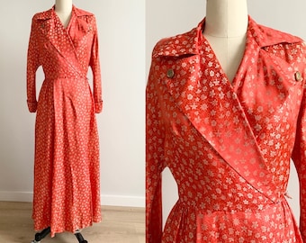 1940s Vintage Silk Robe Dressing Gown Wounded Bird 40s Red Gold Sz XS/S