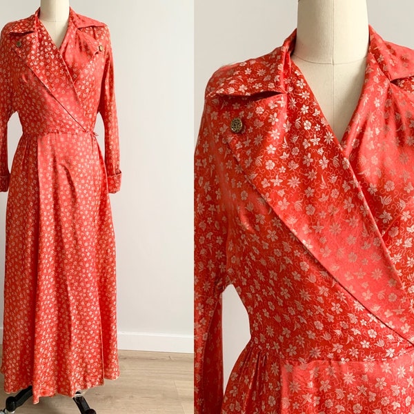 1940s Vintage Seidenrobe Morgenmantel Verwundeter Vogel 40s Rot Gold Sz XS/S