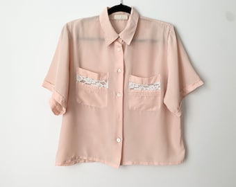 Vintage 60s Pfirsich Bluse: Spitzen Tasche Kurzarm Top (S/M)