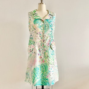 Rare Vintage R&F Modell 100% Silk 1960s Sleeveless White Green Collared Mini Abstract Print Mod Dress with Pockets Sz 42 Medium