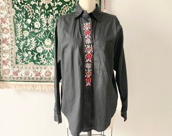 Vintage 90s Embroidered Black Cotton Blouse: Beaded Ethnic Shirt, M/L