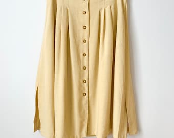 Plus size XL pale yellow beige vintage pleated skirt with buttons light romantic countrycore knee length summer skirt