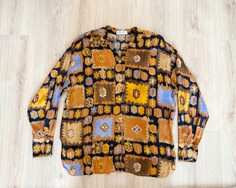 Vtg XL  XXL Plus Size Aztec Southwestern Brown Rust Buttondown Collared 80s 90s Shirt Blouse