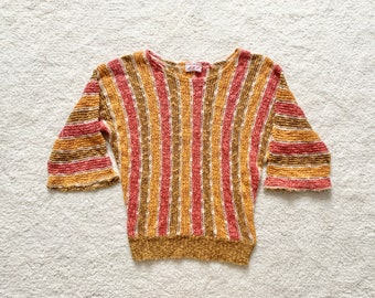 70s vintage striped knit sweater with bell sleeves rose orange yellow pullover jumper size small/medium