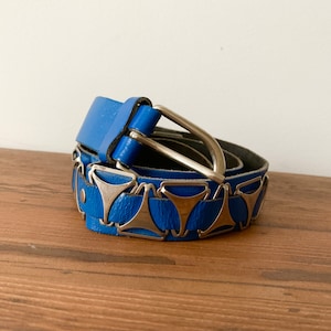 Vintage blue genuine leather cowboy cowgirl boho peasant western metal stud belt sz 75 cm 30 inch small medium