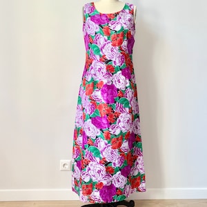 Vintage Purple 60s 70s Maxi Sleeveless Dress, Floral Summer Festival Dress, Rose Pattern Vintage Dress Sz Medium