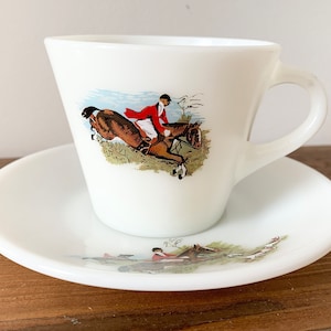 Vintage JAJ Pyrex Tally Ho Milk Glass Cup and Saucer Plate 1960s Glassware Fox Hunting Scene