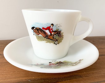 Vintage JAJ Pyrex Tally Ho Milk Glass Cup and Saucer Plate 1960s Glassware Fox Hunting Scene