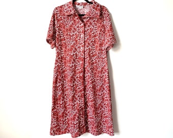Vintage Plus Size XL Maroon Buttondown 1970s Shirtwaist Floral Dress Sz 46 US Sz 12 14