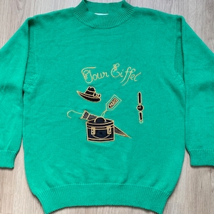 Vintage Green Knit Sweater: Paris Embroidered Pullover, Oversized Medium